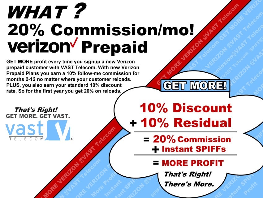 Verizon Prepaid 20% Commission available at Vast Telecom