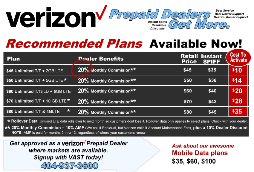 Verizon Prepaid plan offers available at Vast Telecom